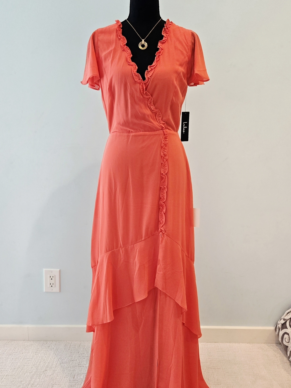 NWT Lulus Pour the Champagne Coral Ruffled Backless Maxi Dress Small